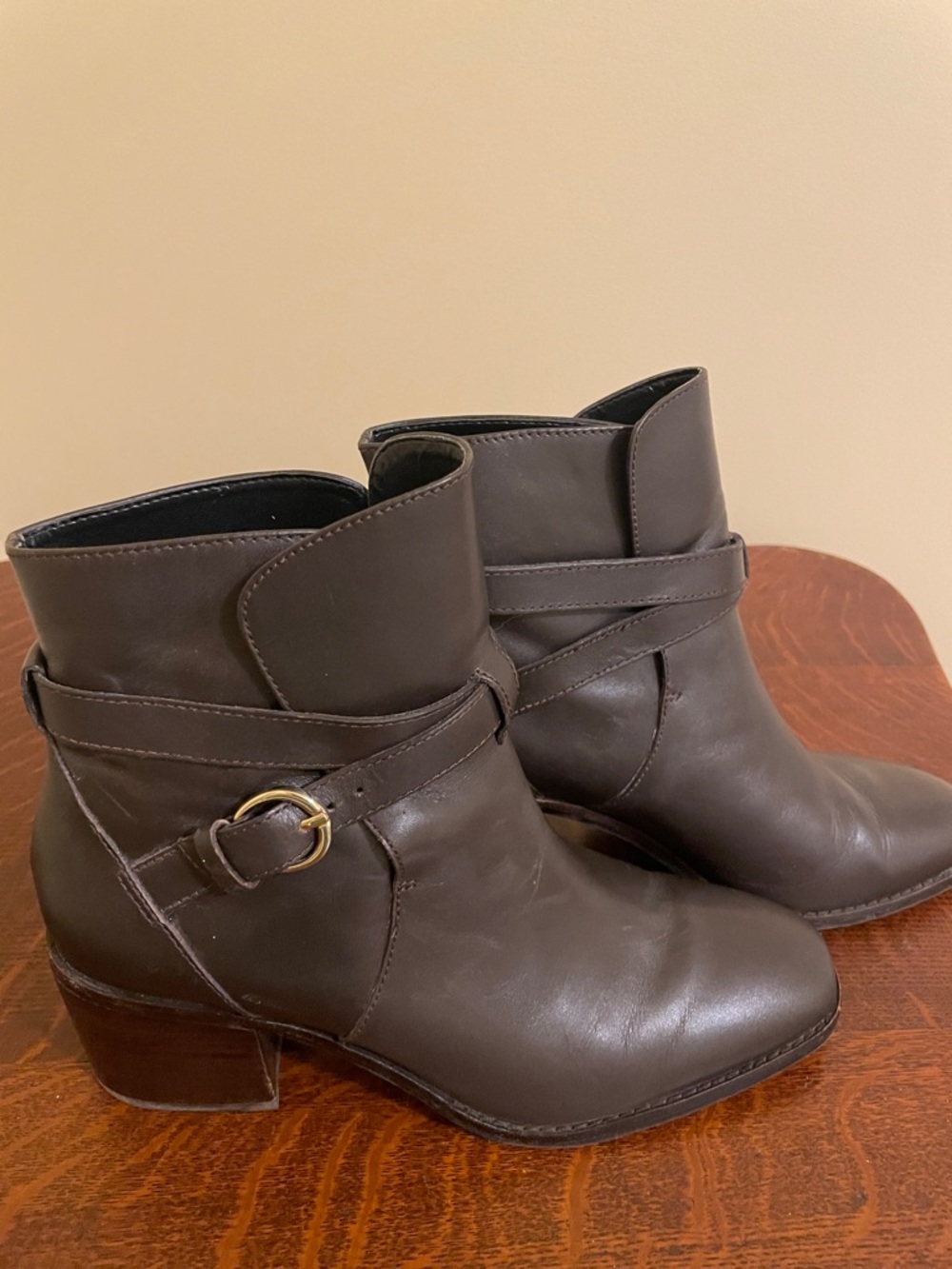 Ann Taylor Brown Leather Ankle Booties with Gold Buckle